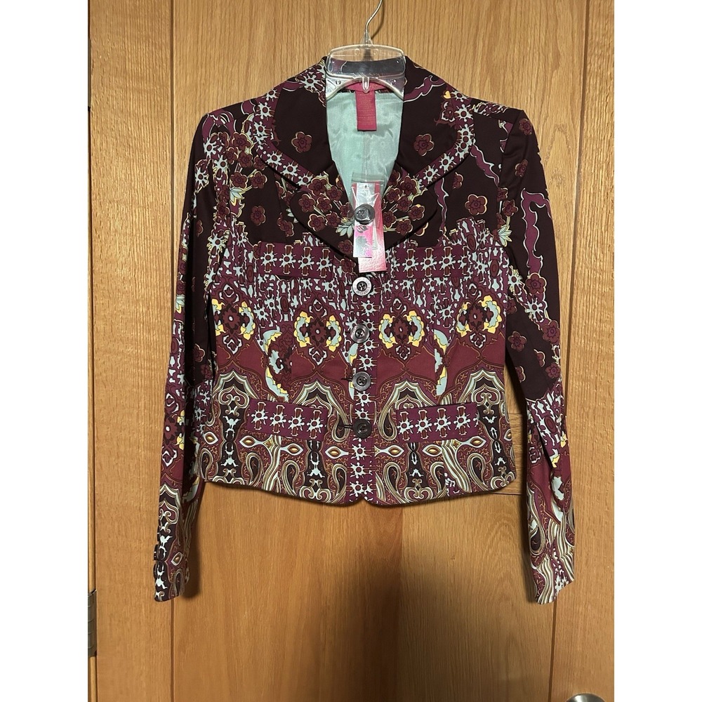 NEW Vintage Thalia Sodi Boho Paisley Plum Cropped Statement Blazer Jacket Small
